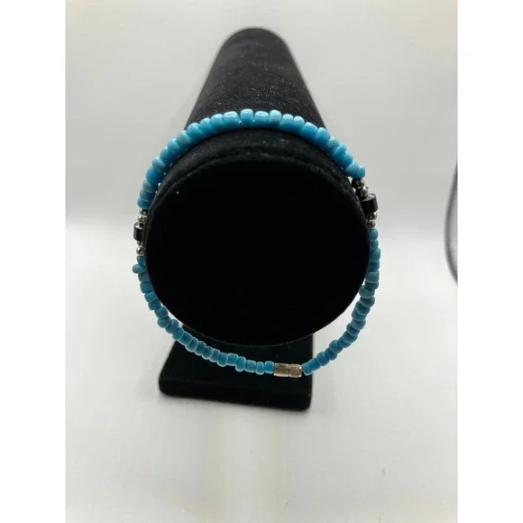 Turquoise Seed, Silver-tone & Steel Gray Beaded Anklet Bracelet Handmade! - Picture 3 of 4